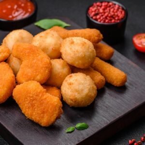 Delicious nuggets, sticks and balls of mozzarella and parmesan cheese with salt and spices