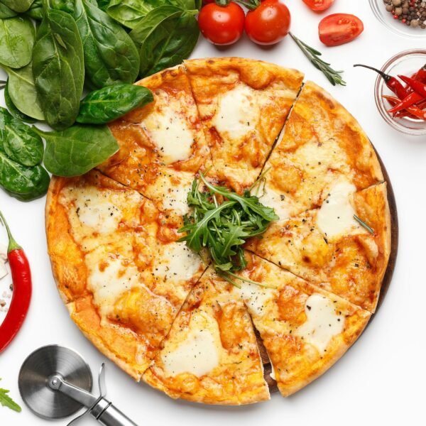 Italian Mozzarella Pizza On White Table, Top View