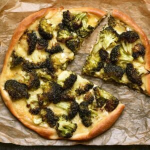 Pizza with broccoli, top view