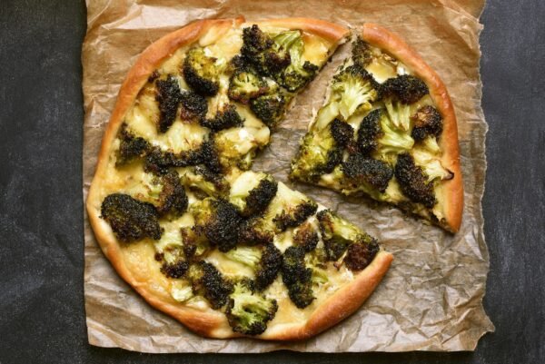 Pizza with broccoli, top view